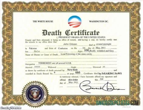 EUA A Certidão de Óbito da Casa Branca amostra